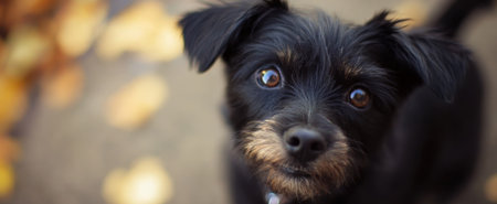 A charming black dog with expressive eyes captures attention in this outdoor autumn scene, showcasing its playful and curious nature in a close-up portrait.の素材