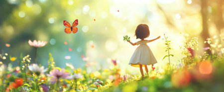 A joyful child explores a vibrant garden filled with butterflies and colorful flowers, embodying innocence and happiness in a serene natural setting.の素材