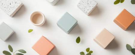 A visually appealing arrangement of colorful geometric shapes and greenery on a minimalistic background, showcasing modern design elements and tranquil aesthetics.の素材