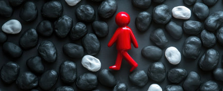 A vibrant red figurine walks among smooth black and white pebbles on a dark surface, symbolizing a journey in a minimalist and abstract setting.の素材