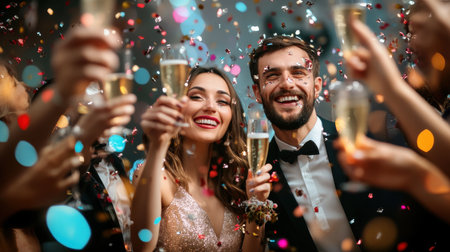 A joyful couple raises their glasses in a lively celebration filled with confetti, embodying happiness and togetherness. The atmosphere brims with excitement and festivity.の素材