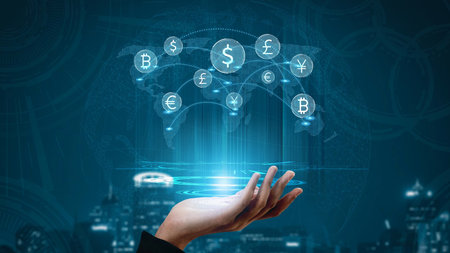 Global currency exchange enables seamless money transfer through currency, exchange, and global systems for decentralized international financial connection.の写真素材