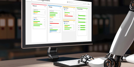 Project planning software for brisk business project management on the computer screen showing timeline chart of the team projectの素材