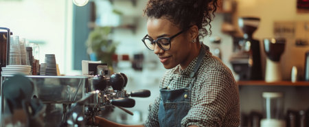A cheerful barista prepares espresso in a cozy coffee shop, showcasing skill and passion for beverage creation. The warm atmosphere invites customers to enjoy quality coffee.の素材