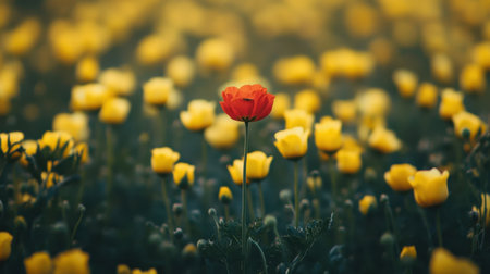 A striking red flower stands tall among a field of cheerful yellow blooms, showcasing natures vibrant beauty and the tranquility of a sunny meadow scene.の素材