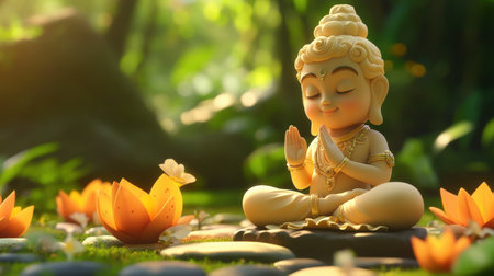 A serene Buddha statue sits in a tranquil garden, surrounded by vibrant lotus flowers. The scene captures tranquility and meditation, invoking a sense of peace.の素材