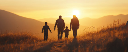 A beautiful silhouette of a family walking hand in hand at sunset, surrounded by majestic mountains, creating a scene of love, togetherness, and natures tranquility.の素材