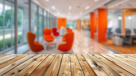 Wooden table top set against a blurred background of a modern contemporary hotel lobby, offering ample space for advertising product displays and presentations on the table.の素材