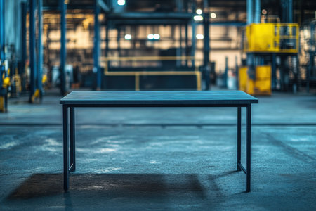 A modern industrial workspace table set in a well-lit factory environment, showcasing a clean design and versatile use for various professional settings.の素材