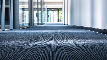 A modern office hallway featuring a carpeted floor and large glass walls. The perspective creates a sense of depth and tranquility, showcasing a professional workspace.の素材