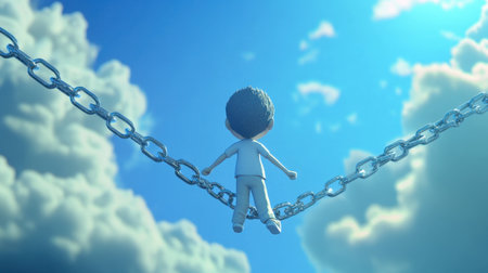 A whimsical illustration of a child balancing on chains in a bright sky filled with clouds, symbolizing freedom, innocence, and the challenges of growth.の素材