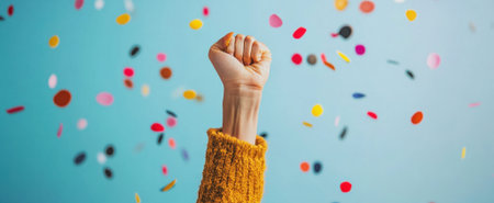 A dynamic close-up of a raised fist celebrating amidst a backdrop of colorful confetti. This vibrant image embodies joy and excitement, perfect for themes of success and happiness.の素材