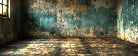 This image captures a grungy abandoned room with textured walls, sunlight casting intricate patterns on the floor, creating a moody and atmospheric feel.の素材
