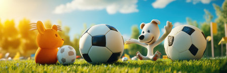 This vibrant image features adorable cartoon animals playing with soccer balls in a sunny park, showcasing joy, friendship, and the spirit of play.の素材