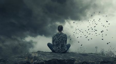 A contemplative figure sits on a rocky outcrop, gazing into a stormy sky filled with swirling clouds and flocks of birds, conveying a sense of solitude and reflection.の素材