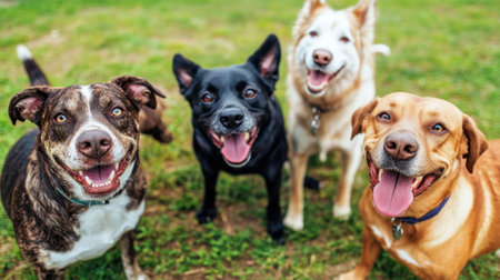 A cheerful group of four dogs smiles brightly in a green park. Their playful expressions and lively nature capture a moment of joy and companionship in the outdoors.の素材