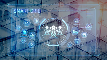 Smart grid system integrating renewable energy sources, energy storage, smart inverters, and demand response for efficient, decentralized, and modern power distributionの写真素材