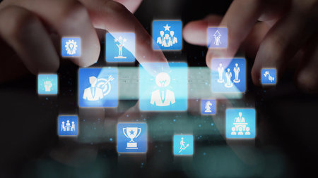 Leadership icons symbolize teamwork, vision, and decision-making. Leadership guides business,...