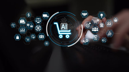 AI transforms ecommerce by enabling smart product recommendations, AI automated shopping decisions, and AI-powered ecommerce analytics to optimize customer experience and ecommerce success.の写真素材
