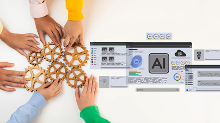 Diverse hands interact with gears while engaging with an AI interface, representing the fusion of teamwork, technology, and innovative solutions in modern business practices. Rasterの写真素材