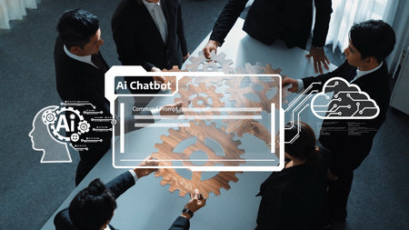 Group of professionals engaging in AI technology discussion with chatbot visual and wooden gears. Modern office symbolizes innovation and teamwork in business solutions. Rasterの写真素材