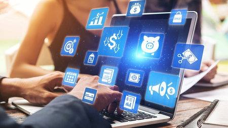 Modern budgeting and financial management icons showing finance, savings, tax, and planning. Budget...