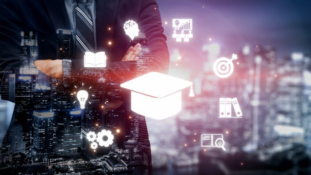 Online education boosts access to learning. Learn anytime through flexible platforms. Education technology transforms how we learn. Digital learning creates new education experiences worldwide.の写真素材