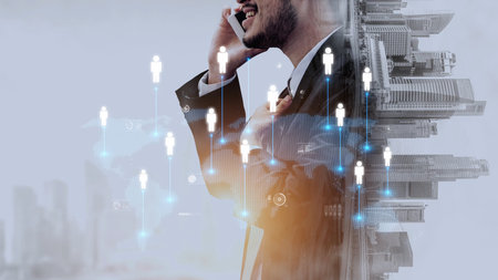 People networking, business connections, digital networking platforms, professional collaboration, and expanding opportunities through business relationship building and engagement.の写真素材