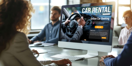 car rental website on computer screen for tourist to rent a car for transportation briskの素材