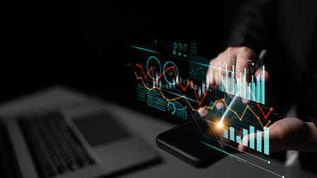 A business professional engages with a virtual financial interface displaying graphs and data on a...