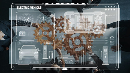 A team of professionals collaborates on electric vehicle technology, utilizing a digital interface with gears and data to enhance innovative automotive solutions. Rasterの写真素材