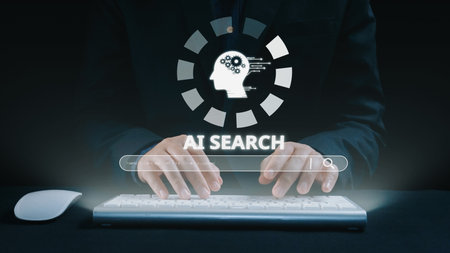 AI search engine systems enhance SEO data access. Intelligent search engines powered by AI improve search results. AI-driven search tools help process and retrieve relevant AI information. Elideの写真素材