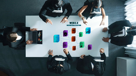 A diverse business team engaged in innovative discussions over Web3.0 technology, exploring...