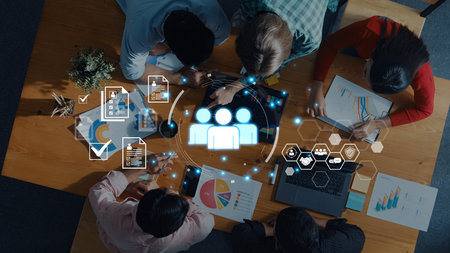 Concept of human resources and workforce strategy. Focusing on talent management, recruitment, and team development to achieve business targets and organizational goals.の写真素材