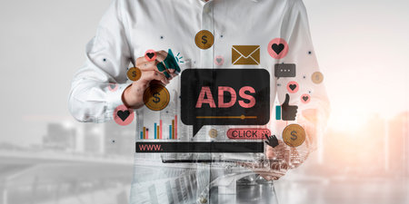 Online ads and digital marketing help brands grow. Content marketing builds engagement. Marketing tools boost ROI. Effective ads and marketing drive online business success.の写真素材