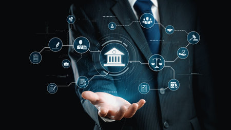 Futuristic digital law interface displaying justice scale, highlighting digital law, AI compliance, digital law systems, and digital law regulations for secure governance. Elideの写真素材