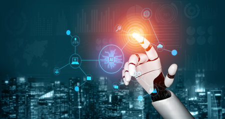 AI powers intelligent networks by linking data, enhancing real-time analytics, securing communication, and improving system efficiency and automation.の写真素材