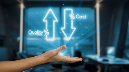 A hand reaches out toward glowing arrows symbolizing increased quality and reduced cost, depicted in a modern office, showcasing business growth and strategic improvement.の写真素材