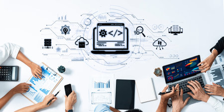 A group of diverse individuals collaborates on a tech project, showcasing digital charts and coding...
