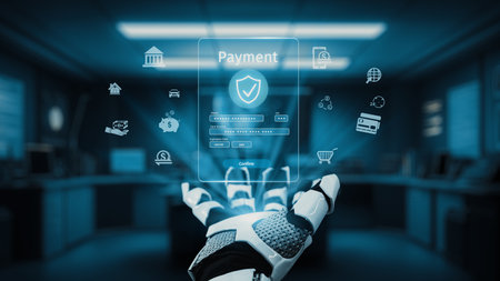 A robotic hand interacts with a digital payment interface, emphasizing cutting-edge technology and security in financial transactions within a modern workspace.の写真素材
