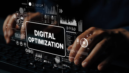 Hands Typing on Keyboard with Digital Optimization Graphics and Charts for Business Technology Concepts. Asymptotic smart data analytic.の写真素材