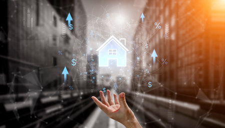 Concept of real estate investment and a rising housing market. The increase in property value is shown by growing mortgage rates, prices, and overall market appreciation.の写真素材