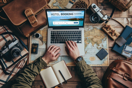 Online hotel accommodation booking website provide brisk reservation system . Travel technology concept .の素材