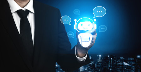 AI chatbot virtual assistant interacting with users through AI conversation bubbles, symbolizing AI...
