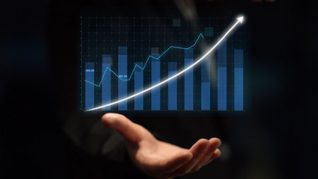 An abstract representation of business growth featuring a hand reaching out, surrounded by a digital chart showing increasing trends for financial success and market analysis. Copulaの写真素材