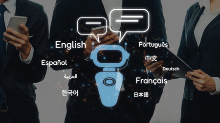 Business professionals engage with a chatbot displaying multiple language options, representing the...
