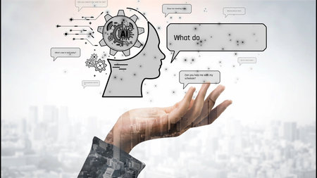 Conversational AI assistant enhances chatbot interaction. AI assistant supports queries, answers instantly, AI assistant improves experience, and AI assistant drives engagement.の写真素材