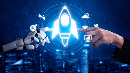 Startup launch and business growth concept, rocket symbolism, entrepreneurship, startup innovation,...