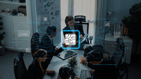 A dynamic meeting in a contemporary office where professionals engage in discussions, enhanced by a...