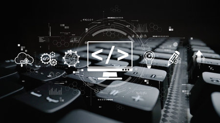 Modern web development concept featuring coding symbols, web development process, web development interface, and web development tools with futuristic design.の写真素材
